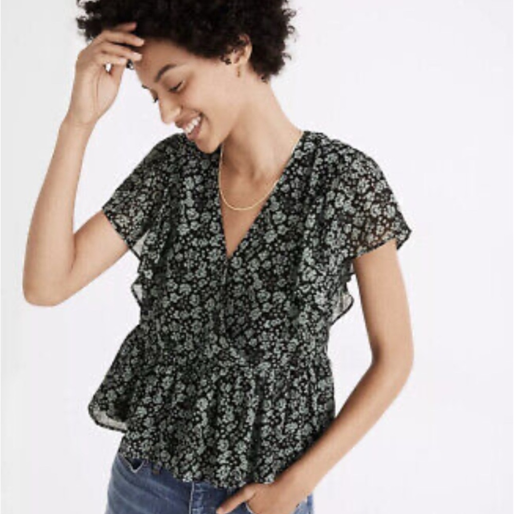 Madewell Georgette Ruffle-Sleeve Peplum Top in Fleur Field Green Floral Size S